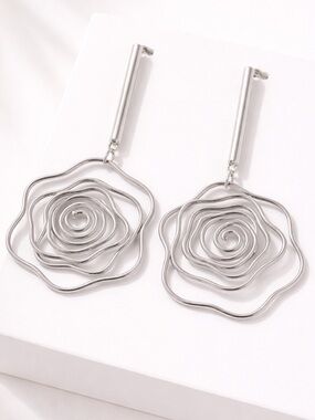 Silver Rose Wire Drop Earrings | Minimalist Statement Floral Dangle| Lightweight